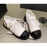 Most Popular Chanel Lambskin and Patent Leather Lace-ups with Chain Charm G39393 White