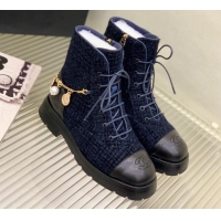 Luxury Chanel Tweed and Calfskin Lace-ups with Chain Charm G39393 Navy Blue