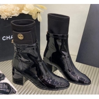 Top Design Chanel Patent Calfskin and Knit Ankle Boots Black 110399