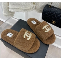 Good Looking Chanel Fur Flat Slide Sandals with Crystal CC Brown 112802