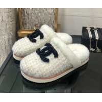 Most Popular Chanel Tweed and Wool Flat Slide Sandals with Pearl CC White 112807