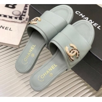 Stylish Chanel Leather Flat Slide Sandals with CC Charm Dusty Blue 112834