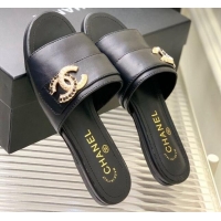 Discount Chanel Leather Flat Slide Sandals with CC Charm Black 112835