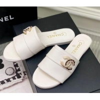 Classic Hot Chanel Leather Flat Slide Sandals with CC Charm White 112836