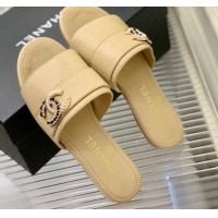 Unique Style Chanel Leather Flat Slide Sandals with CC Charm Beige 112837