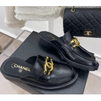 Purchase Chanel Shiny Calfskin Flat Mules with Metal CC Black 112838