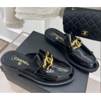 Good Quality Chanel Patent Calfskin Flat Mules with Metal CC Black 112839