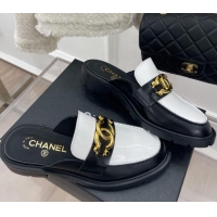 Grade Quality Chanel Shiny Calfskin Flat Mules with Metal CC Black/White 112840