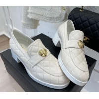 Low Cost Chanel Quilted Lambskin Loafers with Love Charm G39697 White