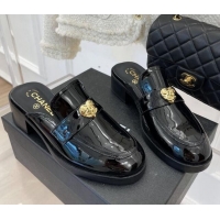 Low Price Chanel Patent Leather Mules with Love Charm Black 220171