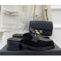 Elegant Chanel Patent Leather and CC Suede Mules with Love Charm Black 220173