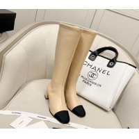 Charming Chanel Classic Lambskin and Grosgrain High Boot 5cm in Mink Fur Lining Beige 120184