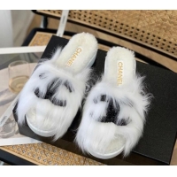 Best Grade Chanel Wool Slide Sandals with Pearl CC G39357 White