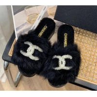 Super Quality Chanel Wool Slide Sandals with Pearl CC G39357 Black