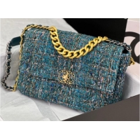 Pretty Style CHANEL 19 HANDBAG Cotton Tweed AS1161 blue