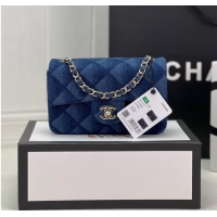 Luxury Cheap Chanel CLASSIC HANDBAG Printed Denim & Gold-Tone Metal A01116 Dark Blue