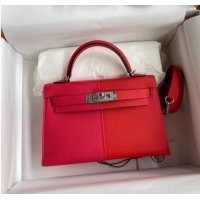 Top Quality Hermes Kelly 19cm Shoulder Bags Epsom Leather KL19 Silver hardware red&pink