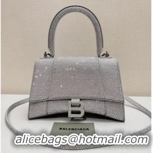 Top Quality Balenciaga WOMENS HOURGLASS SMALL HANDBAG WITH RHINESTONES 592834 Silver