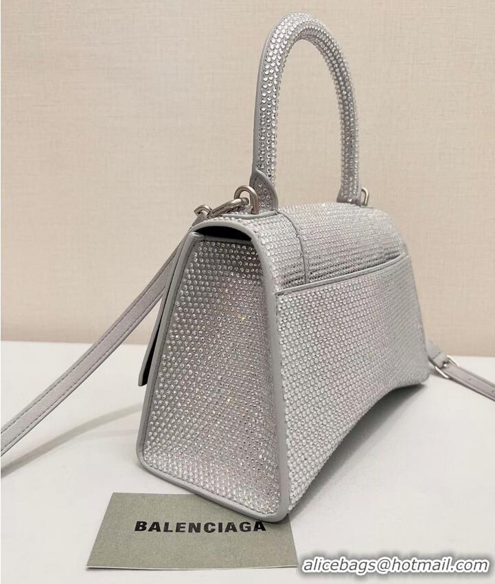 Top Quality Balenciaga WOMENS HOURGLASS SMALL HANDBAG WITH RHINESTONES 592834 Silver