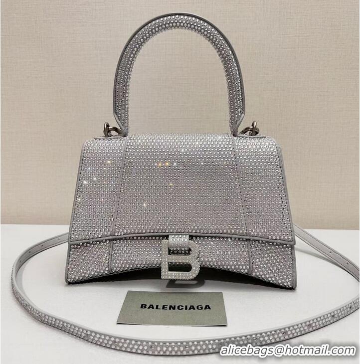 Top Quality Balenciaga WOMENS HOURGLASS SMALL HANDBAG WITH RHINESTONES 592834 Silver