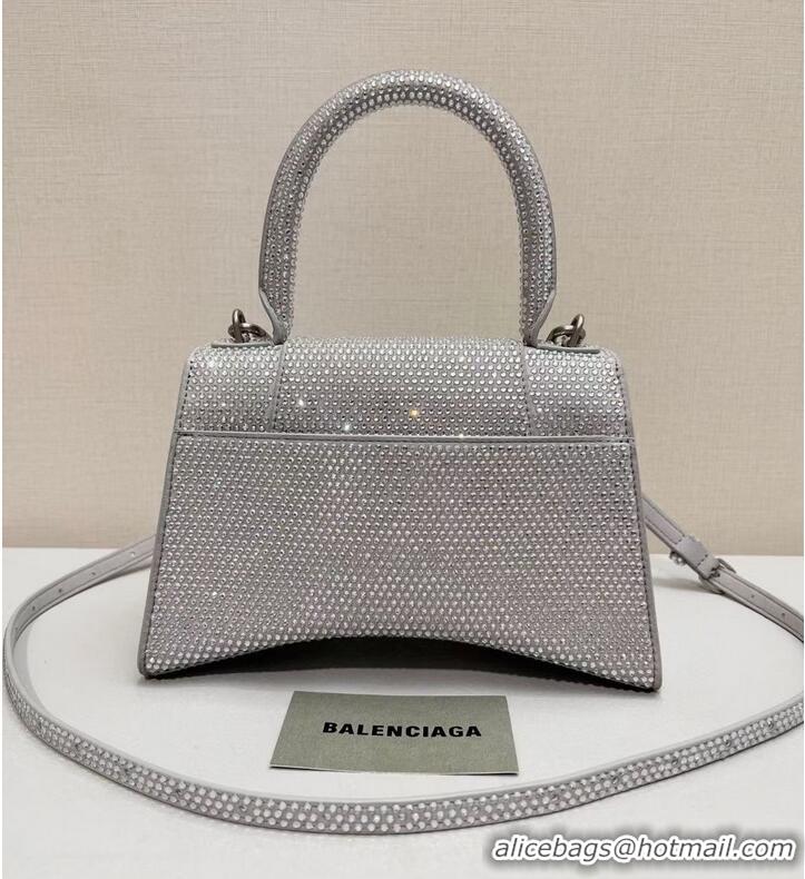 Top Quality Balenciaga WOMENS HOURGLASS SMALL HANDBAG WITH RHINESTONES 592834 Silver