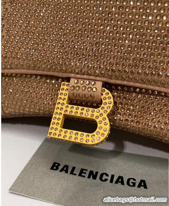 Luxury Discount Balenciaga WOMENS HOURGLASS SMALL HANDBAG WITH RHINESTONES 592834 Gold