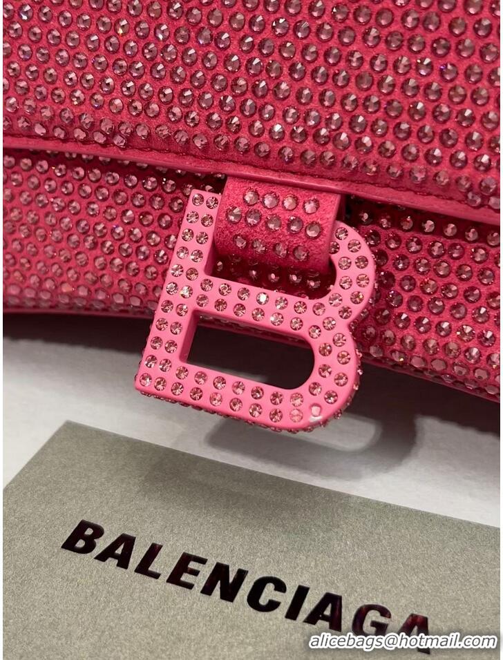 Famous Brand Balenciaga WOMENS HOURGLASS SMALL HANDBAG WITH RHINESTONES 592834 pink