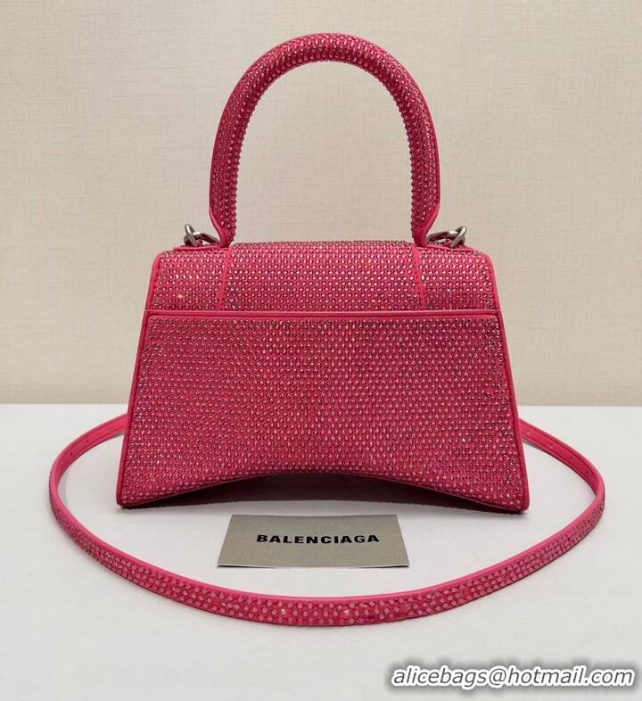 Famous Brand Balenciaga WOMENS HOURGLASS SMALL HANDBAG WITH RHINESTONES 592834 pink