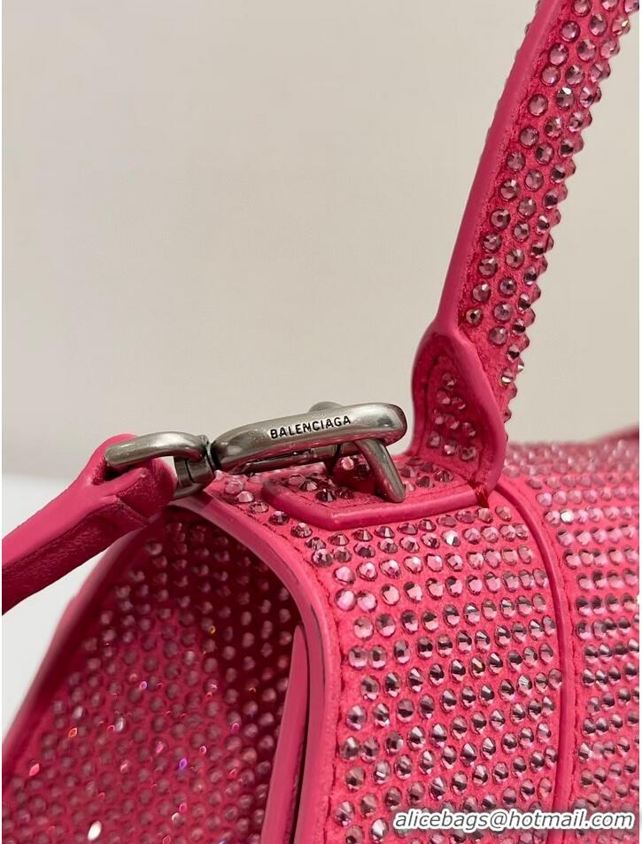 Famous Brand Balenciaga WOMENS HOURGLASS SMALL HANDBAG WITH RHINESTONES 592834 pink