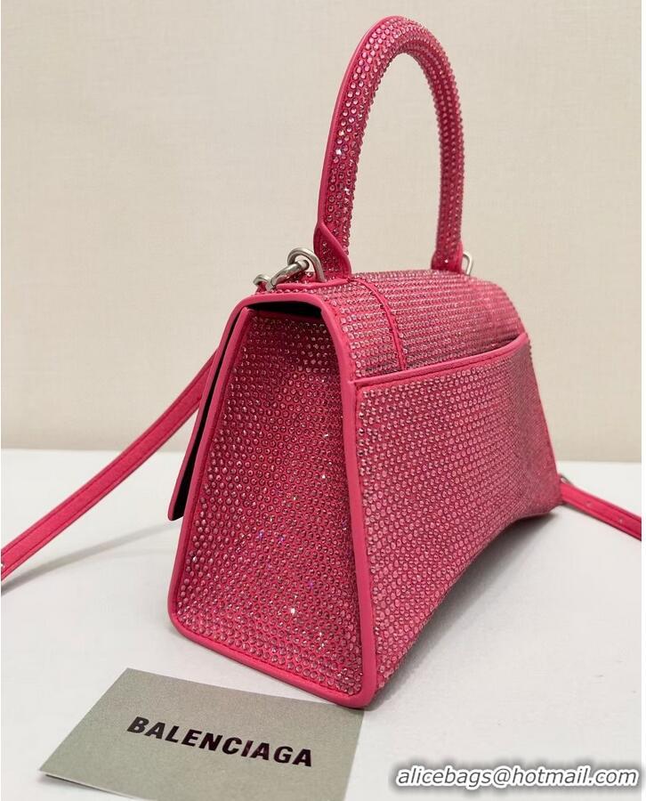 Famous Brand Balenciaga WOMENS HOURGLASS SMALL HANDBAG WITH RHINESTONES 592834 pink