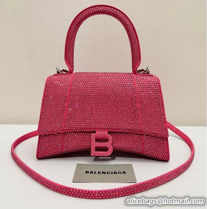 Famous Brand Balenciaga WOMENS HOURGLASS SMALL HANDBAG WITH RHINESTONES 592834 pink