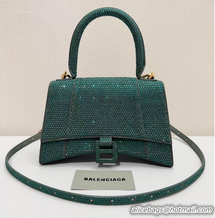 Pretty Style Balenciaga WOMENS HOURGLASS SMALL HANDBAG WITH RHINESTONES 592834 green