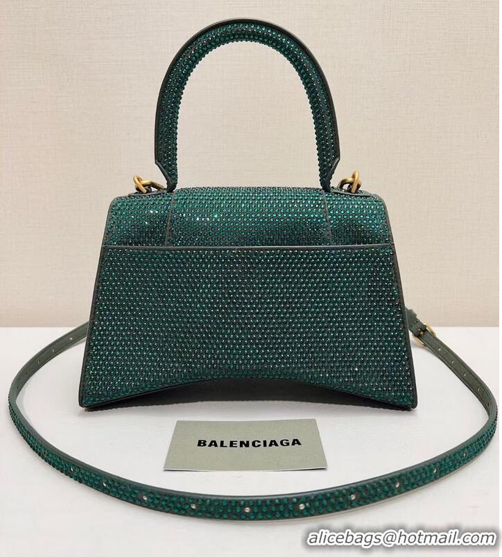 Pretty Style Balenciaga WOMENS HOURGLASS SMALL HANDBAG WITH RHINESTONES 592834 green