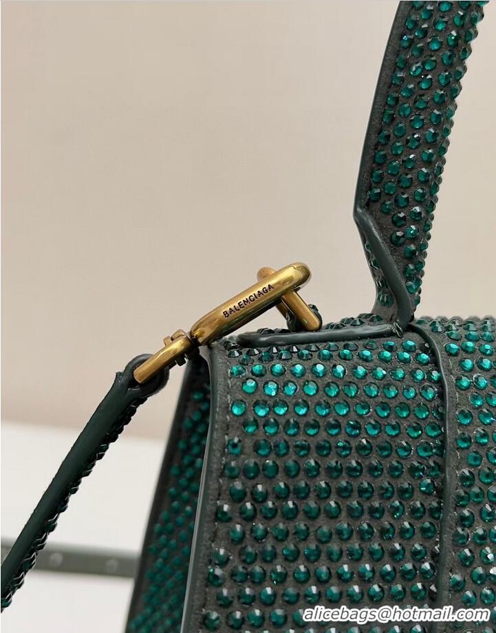 Pretty Style Balenciaga WOMENS HOURGLASS SMALL HANDBAG WITH RHINESTONES 592834 green