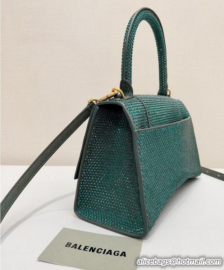 Pretty Style Balenciaga WOMENS HOURGLASS SMALL HANDBAG WITH RHINESTONES 592834 green