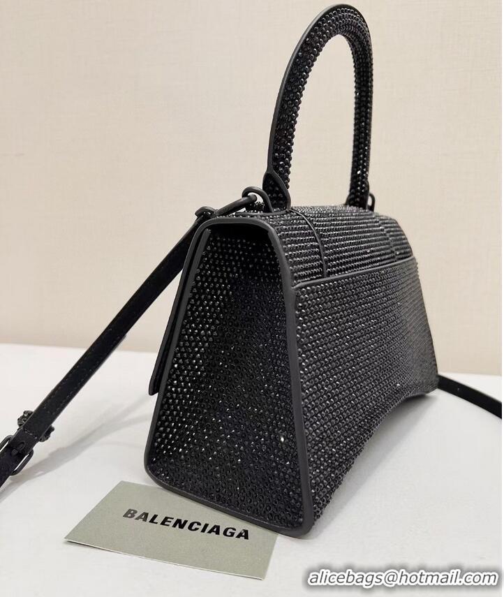 Super Quality Balenciaga WOMENS HOURGLASS SMALL HANDBAG WITH RHINESTONES 592834 black