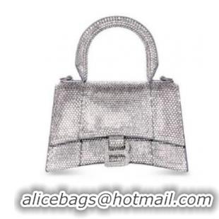 Super Quality Balenciaga WOMENS HOURGLASS XS HANDBAG WITH RHINESTONES 283328 IN silver