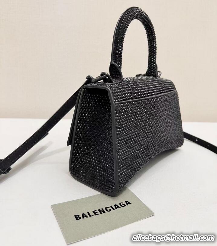 Shop Grade Balenciaga WOMENS HOURGLASS XS HANDBAG WITH RHINESTONES 283328 IN black