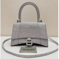 Top Quality Balenciaga WOMENS HOURGLASS SMALL HANDBAG WITH RHINESTONES 592834 Silver