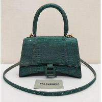 Pretty Style Balenciaga WOMENS HOURGLASS SMALL HANDBAG WITH RHINESTONES 592834 green