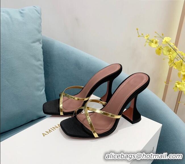 Promotional Amina Muaddi Henson Leather and Silk Cross High Heel Slide Sandals 9.5cm AM2611 Black/Gold 2022