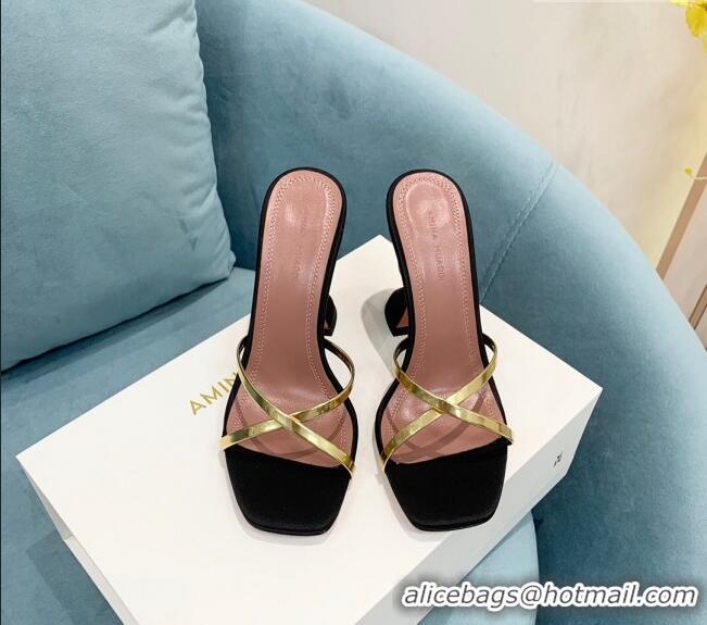 Promotional Amina Muaddi Henson Leather and Silk Cross High Heel Slide Sandals 9.5cm AM2611 Black/Gold 2022