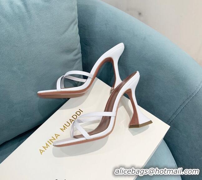 ​Best Design Amina Muaddi Henson Calfskin Cross High Heel Slide Sandals 9.5cm AM2612 White 2022