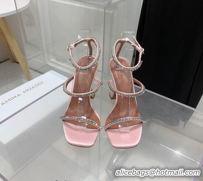 Famous Brand Amina Muaddi Gilda Silk High Heel Sandals 9.5cm with Crystal AM2613 Light Pink 2022