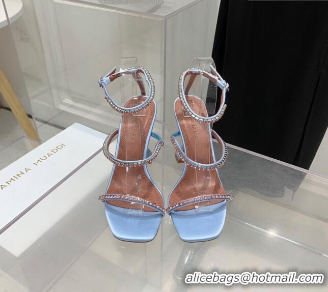 ​Well Crafted Amina Muaddi Gilda Silk High Heel Sandals 9.5cm with Crystal AM2613 Light Blue 2022