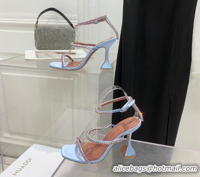 ​Well Crafted Amina Muaddi Gilda Silk High Heel Sandals 9.5cm with Crystal AM2613 Light Blue 2022