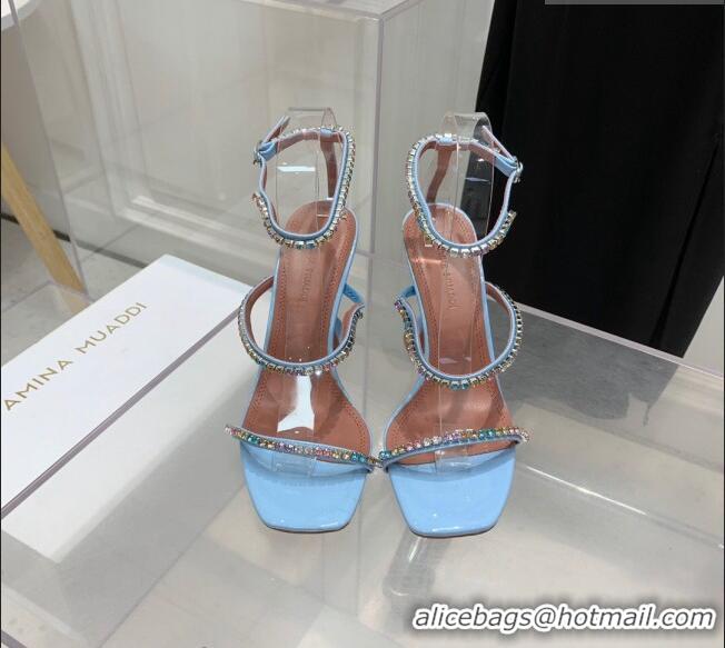 ​New Design Amina Muaddi Gilda Patent Leather High Heel Sandals 9.5cm with Crystal AM2613 Light Blue 2022