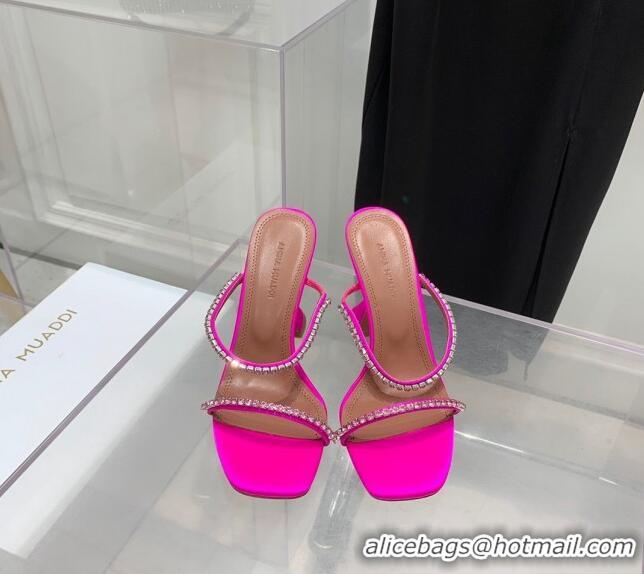 Popular Style Amina Muaddi Gilda Silk High Heel Slides Sandal 9.5cm with Crystal AM2613 Neon Pink 2022