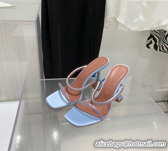 Famous Brand Amina Muaddi Gilda Silk High Heel Slides Sandal 9.5cm with Crystal AM2614 Light Blue 2022