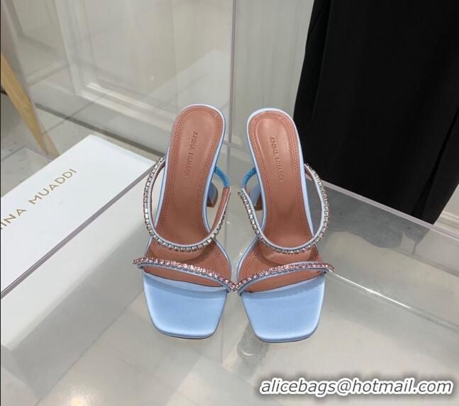 Famous Brand Amina Muaddi Gilda Silk High Heel Slides Sandal 9.5cm with Crystal AM2614 Light Blue 2022